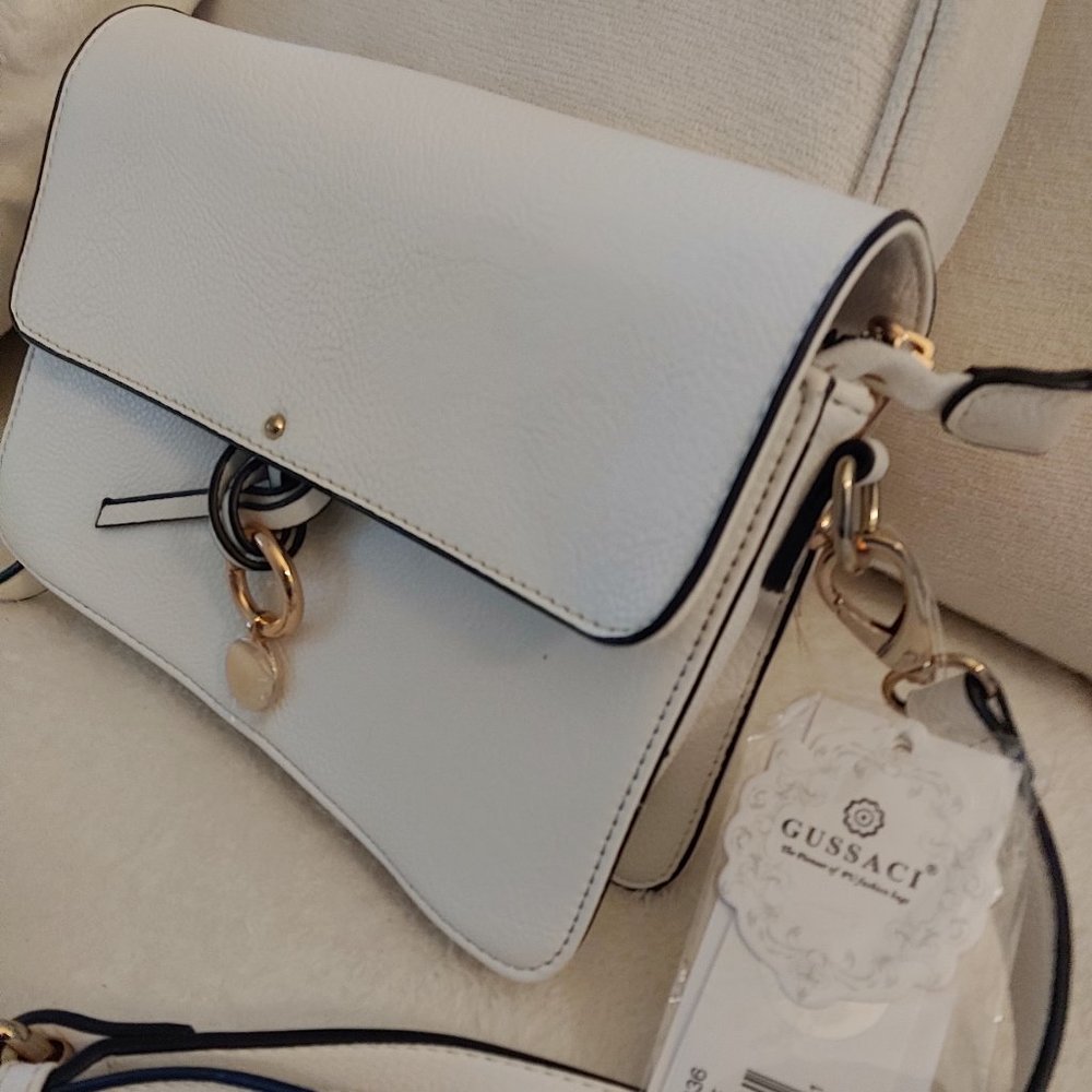 White Crossbody Convertible Clutch Gold Accents 3 Compartment